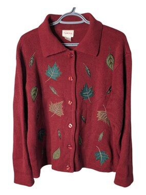 Crystal Kobe Autumn Red Leaves Sweater Button Up Cardigan Size Large